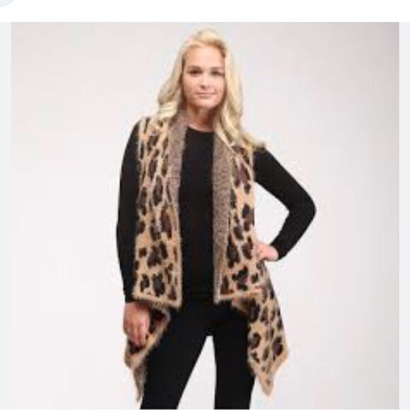 Fuzzy leopard wrap around  brown cardigan - Picture 1 of 10